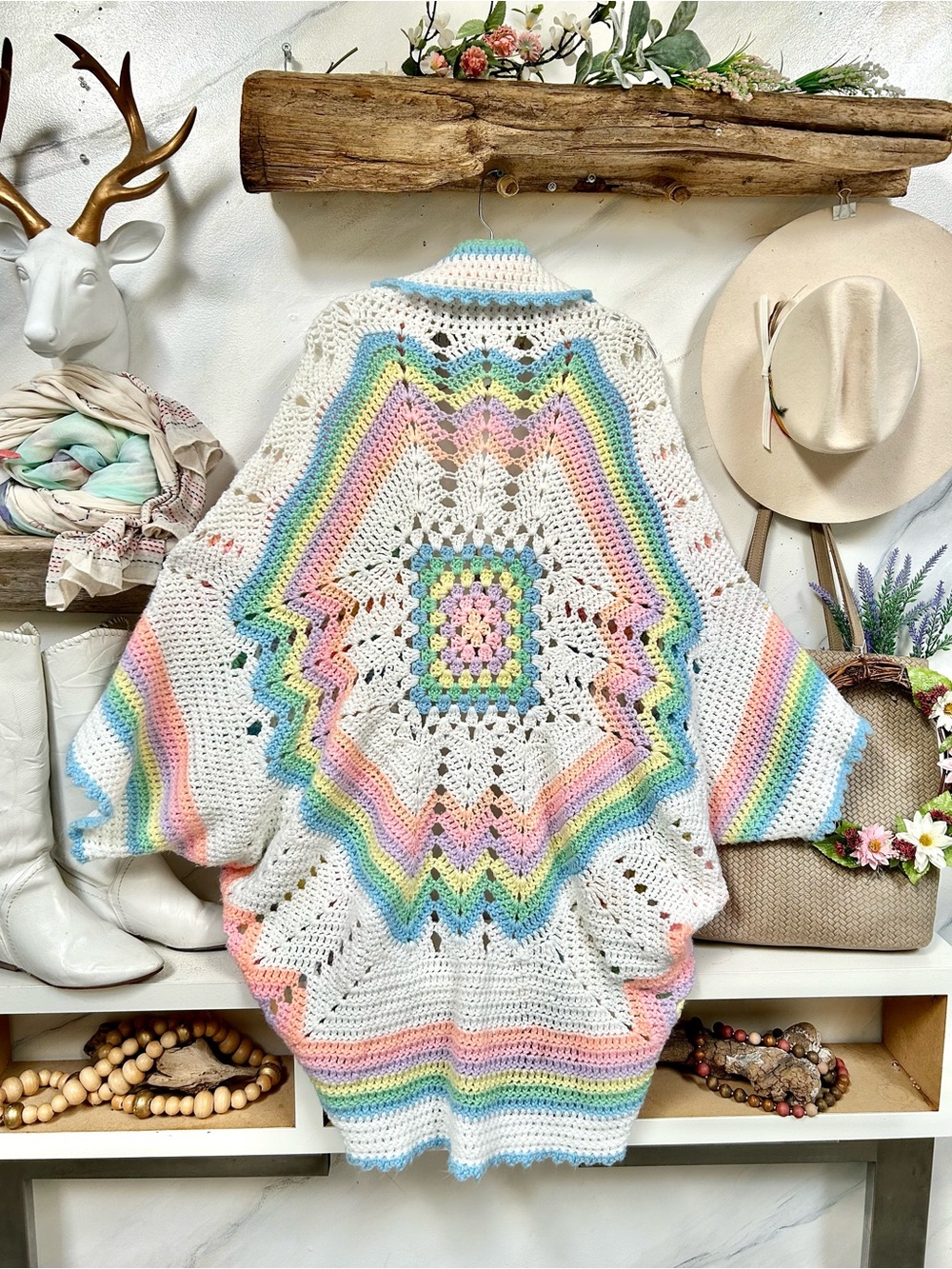 Rare Artisan Granny square boho duster Cocoon kimono w prairie cottagecore vibe